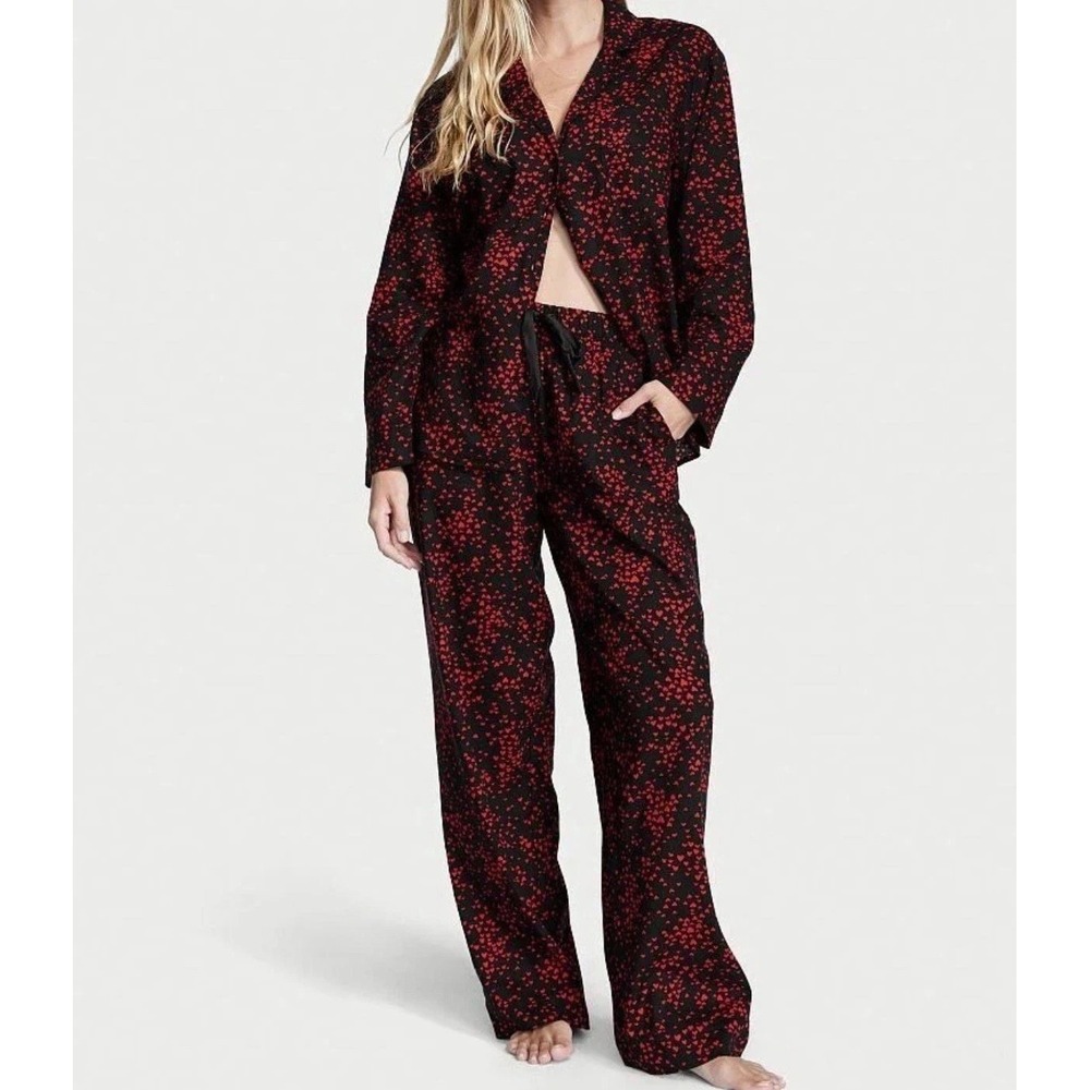 Victorias Secret Womens Knit Pajama Set L Black Floating Hearts Valentines Day